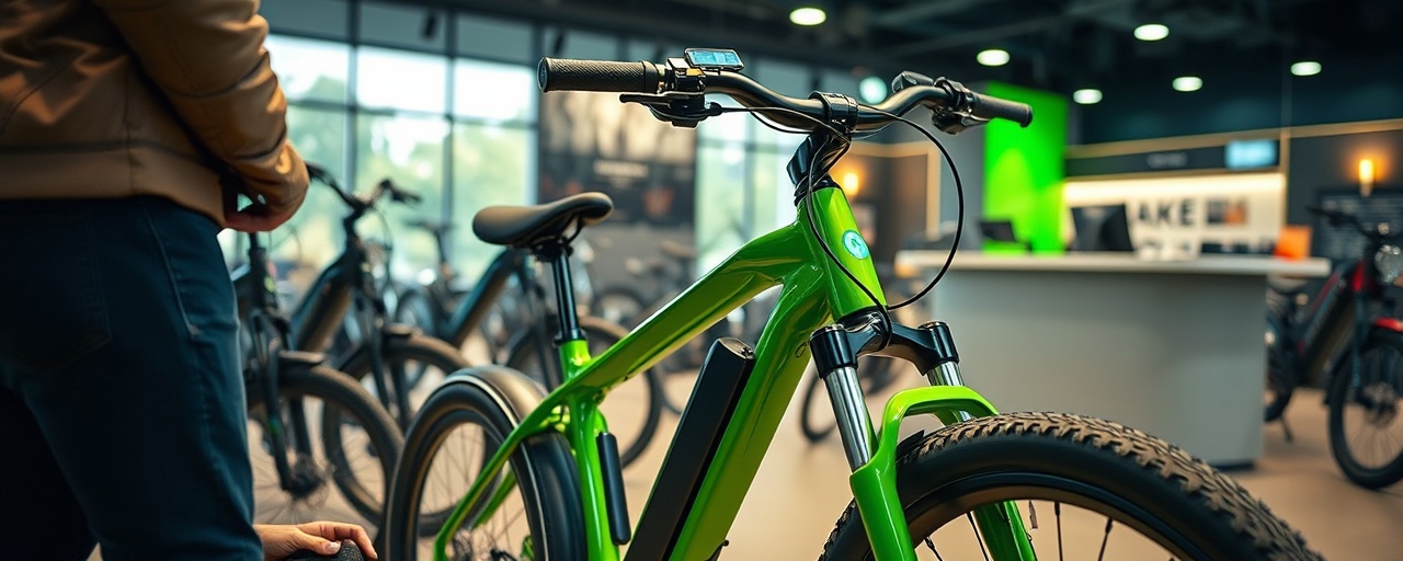 modern electric bike, exciting, being closely inspected by a customer, photorealistic, inside a chic bike dealership with rows of other ebikes and a sales desk, highly detailed, reflection of lights on glossy frames, crystal clear, vibrant greens and blacks, soft ambient lighting, shot with a 35mm lens.