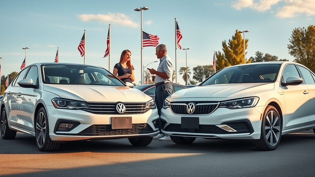 Couple compares new and used cars with dealership expert outdoors.
