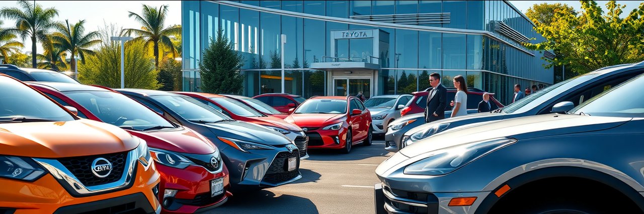 Modern dealership lot with new and used cars, buyers and staff in sunlight.