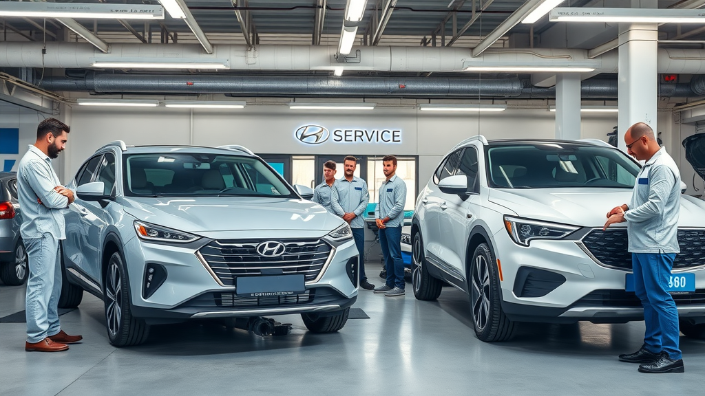 Technicians inspect new and used cars at dealership service bay with customers.