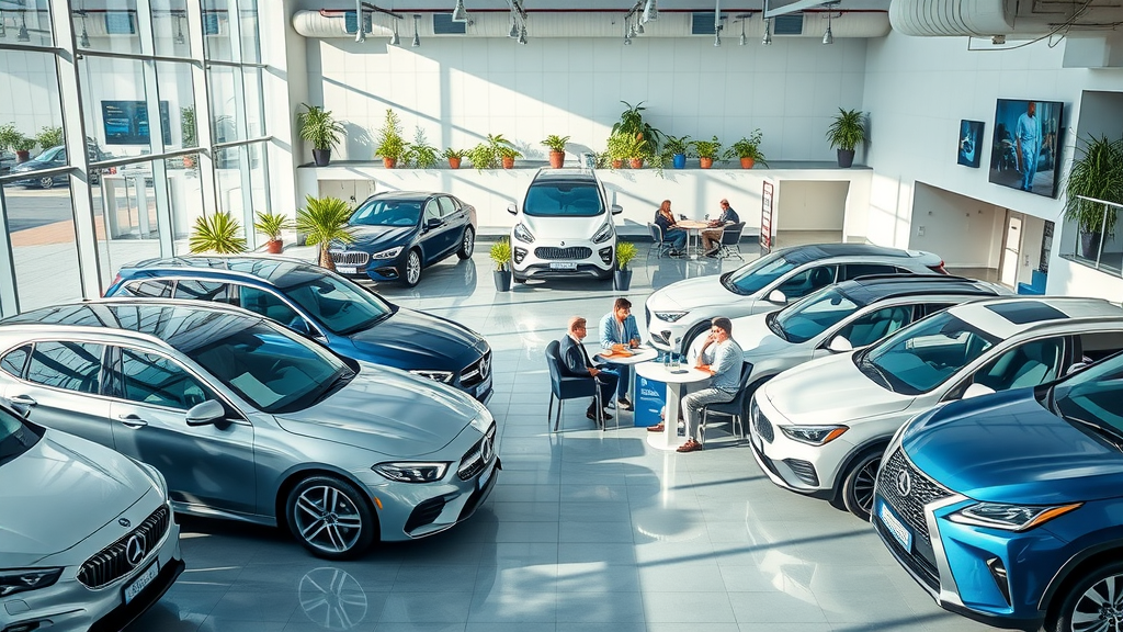 Showroom with new and used cars and customers consulting sales staff in sunlight.