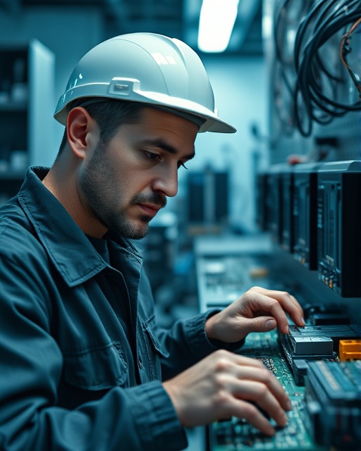 skilled electric maintenance engineer, scrupulous expression, inspecting circuit boards, photorealistic, modern lab environment with various electronic devices, highly detailed, faint hum of electricity, 4k resolution, cool, balanced artificial lighting, shot with an 85mm lens
