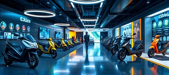 innovative ebike showroom, futuristic, showcasing interactive features, photorealistic, avant-garde design with LED lighting, highly detailed, holographic displays, brisk activity, metallic colors, spot lighting, shot with a tilt-shift lens.