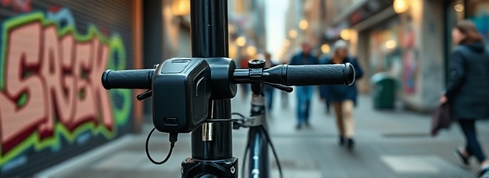 heavy-duty electric bike lock, secure, securing a bicycle to a post, photorealistic, urban street with graffiti art on the walls, highly detailed, pedestrians blurred in motion, macro shot, polished chrome finish, artificial street lamps, shot with a 100mm macro lens.