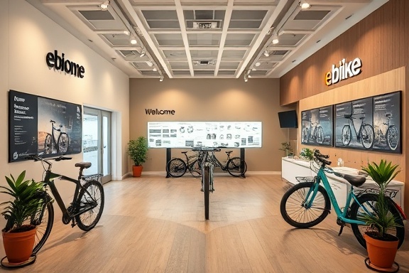minimalist ebike store, welcoming, offering trial rides, photorealistic, open layout with interactive displays and potted plants, highly detailed, gentle customer flow, technical specifications displayed, warm earthy tones, soft ambient lighting, shot with a 50mm lens.