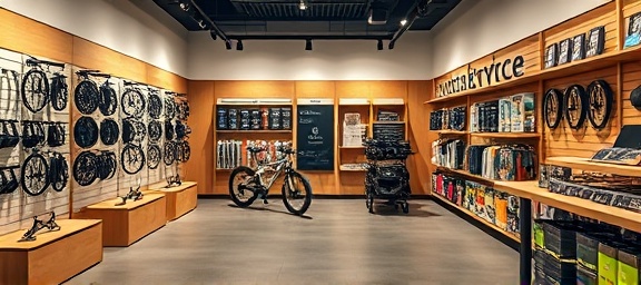 spacious ebike store, calm, arranging ebike accessories, photorealistic, minimalist layout with wooden fixtures, highly detailed, accessories displayed neatly, muted tones, track lighting, shot with a standard lens.