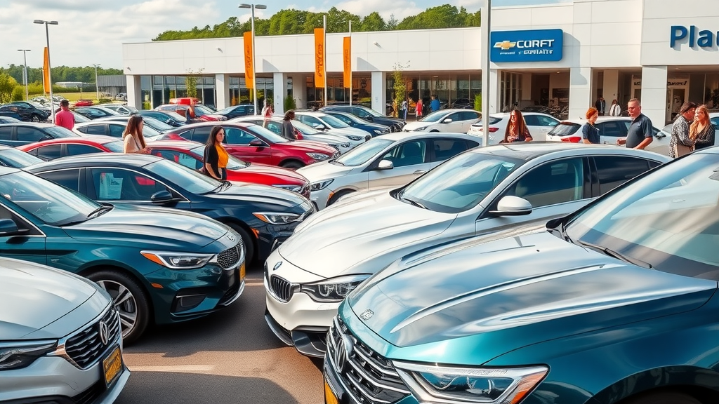 New and used cars on dealership lot with people browsing in daylight.