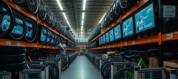 dynamic ebike inventory, fast-paced, recording a delivery, photorealistic, storeroom with bicycles stacked and labeled, highly detailed, inventory system screens, sense of hustle, muted palette, LED strips lighting, shot with a 16mm lens.