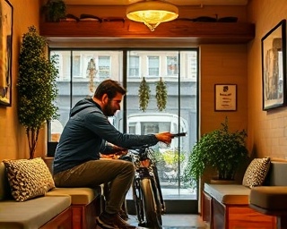cozy ebike outlet, inviting, couple selecting an ebike, photorealistic, warm colors with soft, cushy seating areas, highly detailed, personable and quaint, rich browns and greens, dimmed cozy lighting, shot with a zoom lens.