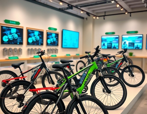 organized ebike display, informative, highlighting latest models, photorealistic, clean and minimalistic store environment, highly detailed, interactive digital screens showing features, bokeh effects, cool color palette, focused spotlight lighting, shot with a macro lens.