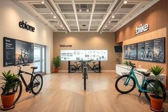 minimalist ebike store, welcoming, offering trial rides, photorealistic, open layout with interactive displays and potted plants, highly detailed, gentle customer flow, technical specifications displayed, warm earthy tones, soft ambient lighting, shot with a 50mm lens.