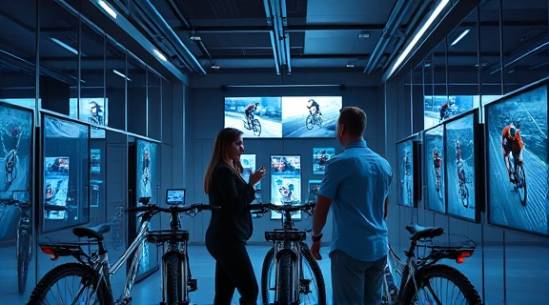 high-tech ebike dealership, futuristic, staff interacting with customer, photorealistic, glass walls and digital interfaces, highly detailed, tech-savvy environment, cycling videos on screens, neon blues and grays, artificial spotlights, shot with a 24mm lens.
