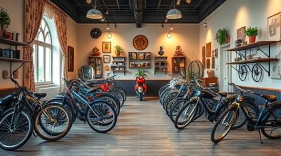 classy ebike showroom, elegant, arranging new stock, photorealistic, tasteful use of vintage decor mixed with modern elements, highly detailed, organized layout with perfectly lined ebikes, soft pastels, warm spotlighting, shot with an 85mm lens.