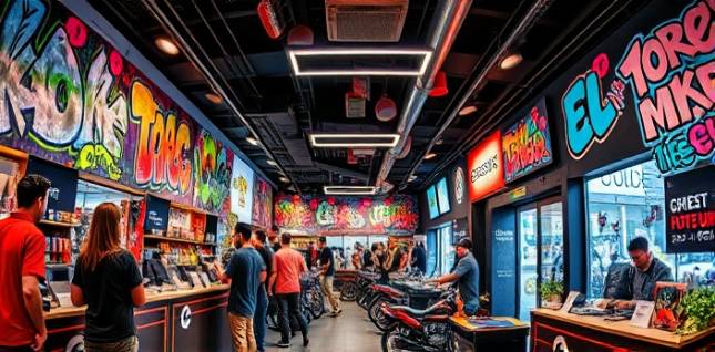 dynamic ebike store, energetic, customer checkout, photorealistic, vibrant color schemes with graffiti artwork, highly detailed, young crowd, energetic vibes, bold colors, dynamic overhead lighting, shot with a fisheye lens.