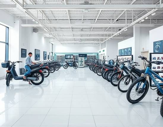 spacious ebike dealership, clean, staff organizing displays, photorealistic, pristine floors with minimal decor, highly detailed, efficient and orderly, whites and blues, crisp clean lighting, shot with a telephoto lens.