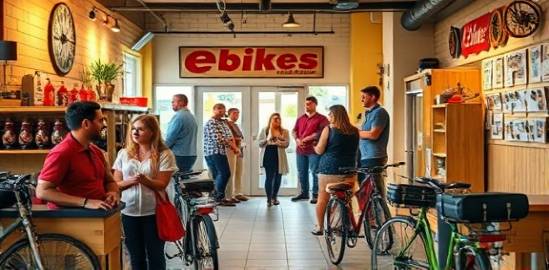 suburban ebike shop, friendly, socializing customers, photorealistic, cozy, inviting layout with neighborhood vibe, highly detailed, community-focused, warm yellows and reds, pleasant soft lighting, shot with a 70mm lens.