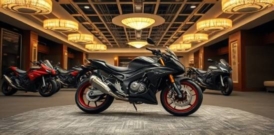 luxurious ebike showroom, premium, exclusive model exhibit, photorealistic, plush carpets and elegant lighting fixtures, highly detailed, sophisticated feel, metallic and leather textures, gold accents and soft ambient lighting, shot with a 135mm lens.