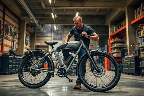 industrial ebike store, rugged, mechanic tuning an ebike, photorealistic, exposed beams and concrete floor with grease stains, highly detailed, functional yet stylish, metallic and earthy tones, harsh workshop lighting, shot with a macro lens.