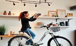 chic ebike shop, stylish, influencer shooting a video, photorealistic, trendy decor with minimalistic touches, highly detailed, modern youthful aesthetic, pastel shades, bright natural lighting, shot with a prime lens.