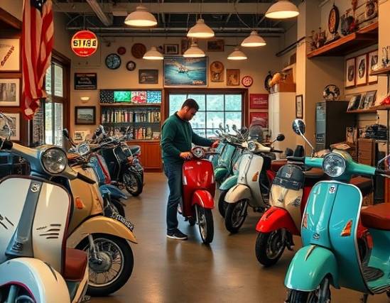 retro ebike showroom, vintage, customer exploring classic models, photorealistic, nostalgic setting with retro-themed decorations, highly detailed, colorful retro past, saturated colors, warm retro lighting, shot with a classic lens.