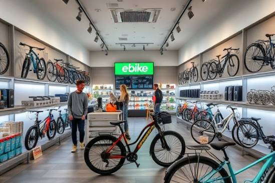 chic ebike shop, inviting, showcasing the latest models, photorealistic, contemporary interior design with sleek shelves, highly detailed, customer browsing, crisp clarity, cool tones, overhead lighting, shot with a wide-angle lens.