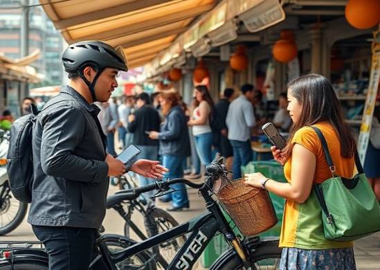 trendy ebike vendor, enthusiastic, explaining features to clients, photorealistic, open-air market with various stalls, highly detailed, group interaction, vivid color palette, ambient daylight, shot with a 20mm lens.