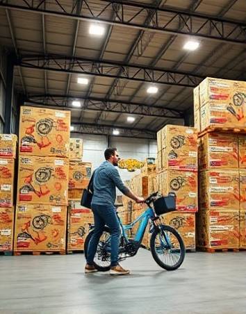 innovative ebike outlet, energetic, managing inventory, photorealistic, industrial warehouse setting with high ceilings, highly detailed, stacked ebike boxes, vibrant saturation, diffused artificial lighting, shot with a telephoto lens.