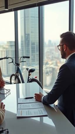 established ebike dealer, professional, conducting a business meeting, photorealistic, sleek office space with cityscape view, highly detailed, presentation materials visible, natural color balance, soft indoor lighting, shot with a macro lens.