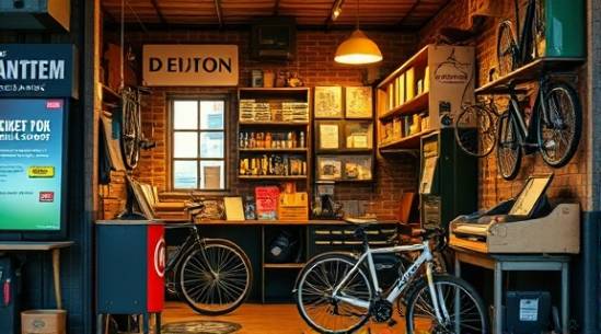 compact ebike shop, bustling, hosting an ebike repair workshop, photorealistic, small-town corner shop with vintage decor, highly detailed, toolkits and mechanical parts around, dynamic shadows, warm hues, yellow lamplight, shot with a 24mm lens.