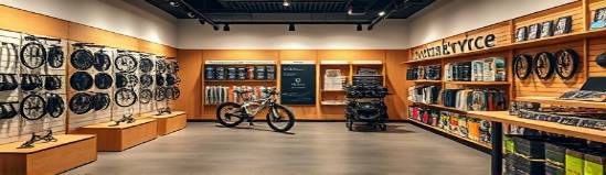 spacious ebike store, calm, arranging ebike accessories, photorealistic, minimalist layout with wooden fixtures, highly detailed, accessories displayed neatly, muted tones, track lighting, shot with a standard lens.