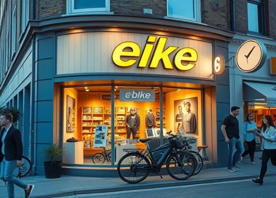 trendy ebike storefront, inviting facade, enticing window displays, photorealistic, located on a bustling street with pedestrians passing by, highly detailed, interactive displays, sharp focus, vibrant hues, ambient evening glow, shot with a 50mm lens.