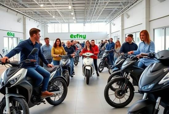 spacious ebike dealer, excited clientele, exploring various models, photorealistic, bright and modern interior with high ceilings, highly detailed, test rides in progress, high clarity, dynamic color spray, soft diffused lighting, shot with a wide-angle lens.