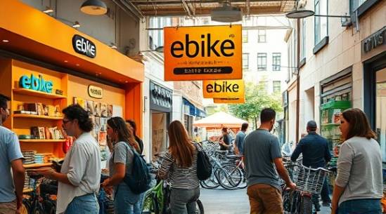 bustling ebike outlet, energetic vibe, customers engaged with staff, photorealistic, brick-and-mortar atmosphere in a quaint neighborhood setting, highly detailed, product demonstrations, precise edges, pastel tones, warm afternoon light, shot with a 24mm lens.