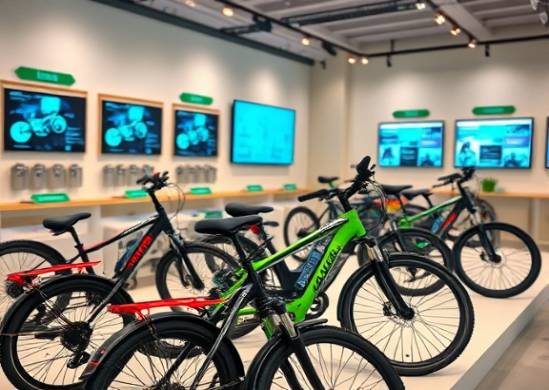 organized ebike display, informative, highlighting latest models, photorealistic, clean and minimalistic store environment, highly detailed, interactive digital screens showing features, bokeh effects, cool color palette, focused spotlight lighting, shot with a macro lens.