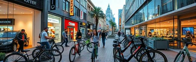 spacious ebike selection, eye-catching, emphasizing range and variety, photorealistic, urban plaza with glass storefronts, highly detailed, people admiring through windows, dynamic reflections, vivid colors, evening lighting with street lamps, shot with a 35mm lens.