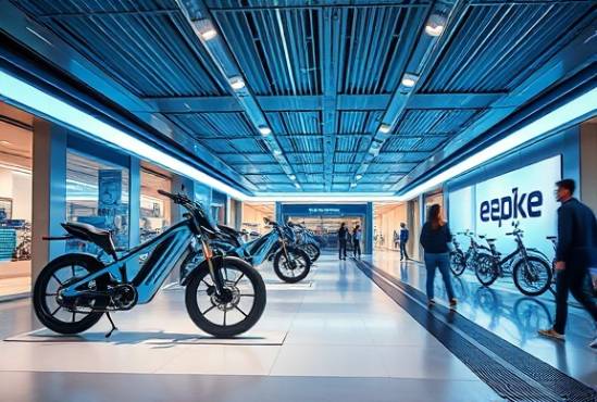 innovative ebike showroom, futuristic, featuring high-tech ebikes, photorealistic, futuristic mall interior with line detailing, highly detailed, interactive elements like touch panels, motion blur of people passing, metallic blue hues, ambient lighting, shot with a 24mm lens.