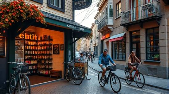 classic ebike shop, cozy, displaying vintage-inspired models, photorealistic, rustic neighborhood with cobblestone streets, highly detailed, cyclists riding by, soft focus, warm autumnal colors, golden hour lighting, shot with a 35mm lens.