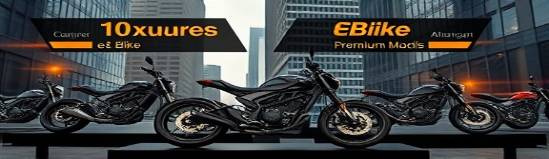 luxurious ebike display, aspirational, showcasing premium models, photorealistic, high-end urban setting with skyscrapers, highly detailed, banners highlighting features, lens flare effects, rich black and gold colors, artificial daylight, shot with an 85mm lens.