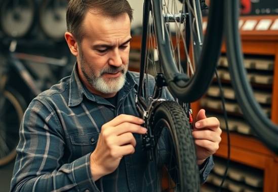 dedicated bike repair specialist, attentive expression, adjusting the derailleur of a bike, photorealistic, background with bicycles lined up and spare parts bins, highly detailed, subtle sounds of gears shifting, high dynamic range, vibrant, diffuse afternoon light, shot with a 50mm lens