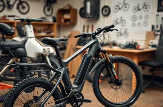 innovative electric bike designer, thoughtful expression, upgrading battery components, photorealistic, studio filled with sketches and 3D models of bikes, highly detailed, quiet hum of machinery, Sony Alpha, subdued, clear LED lighting, shot with a 35mm lens