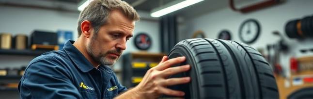 meticulous tire maintenance expert, focused expression, patching a tire, photorealistic, garage workshop with organized tools and air pressure gauge, highly detailed, ambient sounds of rubber squeaking, Canon EOS, natural, overhead fluorescent lighting, shot with a wide-angle lens