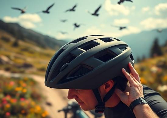 innovative electric bike helmet, sleek design, being adjusted by a cyclist, photorealistic, mountain trail backdrop with wildflowers, highly detailed, birds flying overhead, close-up, matte black with red stripes, strong midday sun, shot with an 85mm lens.