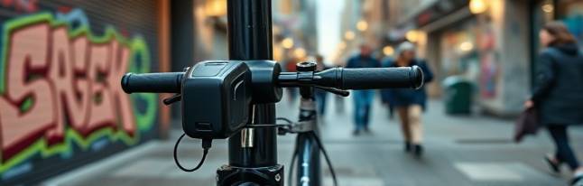 heavy-duty electric bike lock, secure, securing a bicycle to a post, photorealistic, urban street with graffiti art on the walls, highly detailed, pedestrians blurred in motion, macro shot, polished chrome finish, artificial street lamps, shot with a 100mm macro lens.