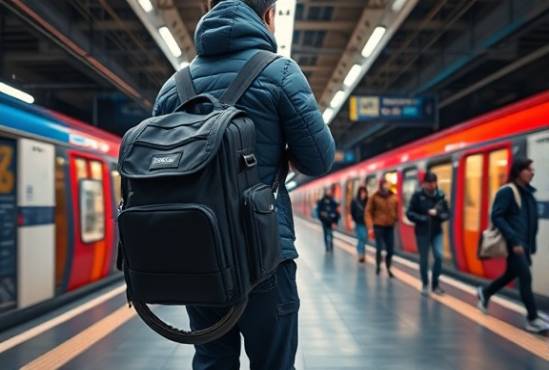 stylish electric bike bag, organized, carried by a commuter, photorealistic, bustling train station with trains in motion, highly detailed, commuters rushing by, panoramic, deep navy blue, overhead fluorescent lighting, shot with a 35mm lens.
