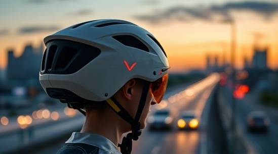 ergonomic electric bike helmet, protective, highlighting reflective strips, photorealistic, city skyline in the background during twilight, highly detailed, distant traffic forming light trails, medium shot, glossy white with neon accents, neon lighting, shot with a 50mm lens.